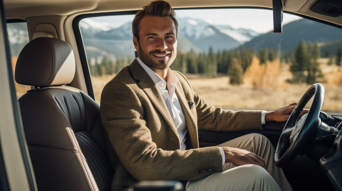 Man driving Eurovan in sportcoat