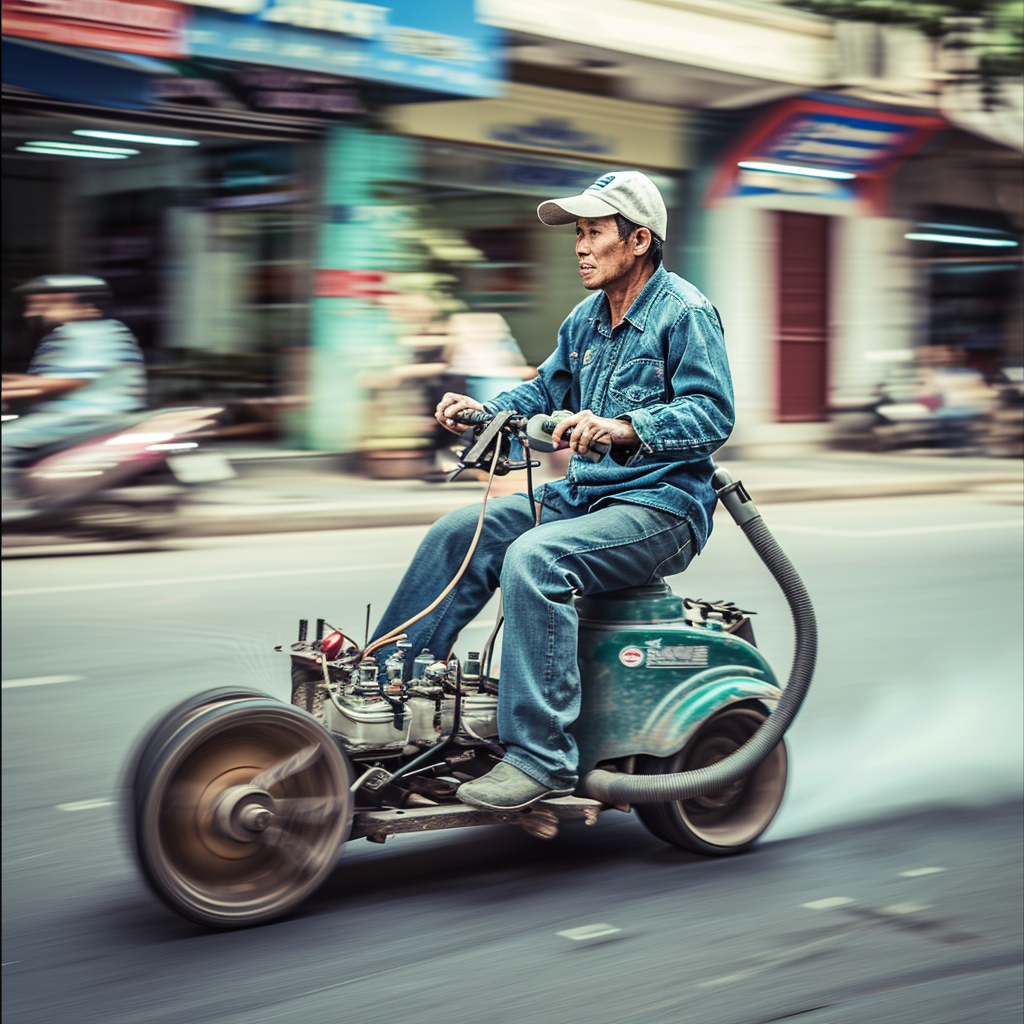 Man driving motorized vacuum cleaner on street