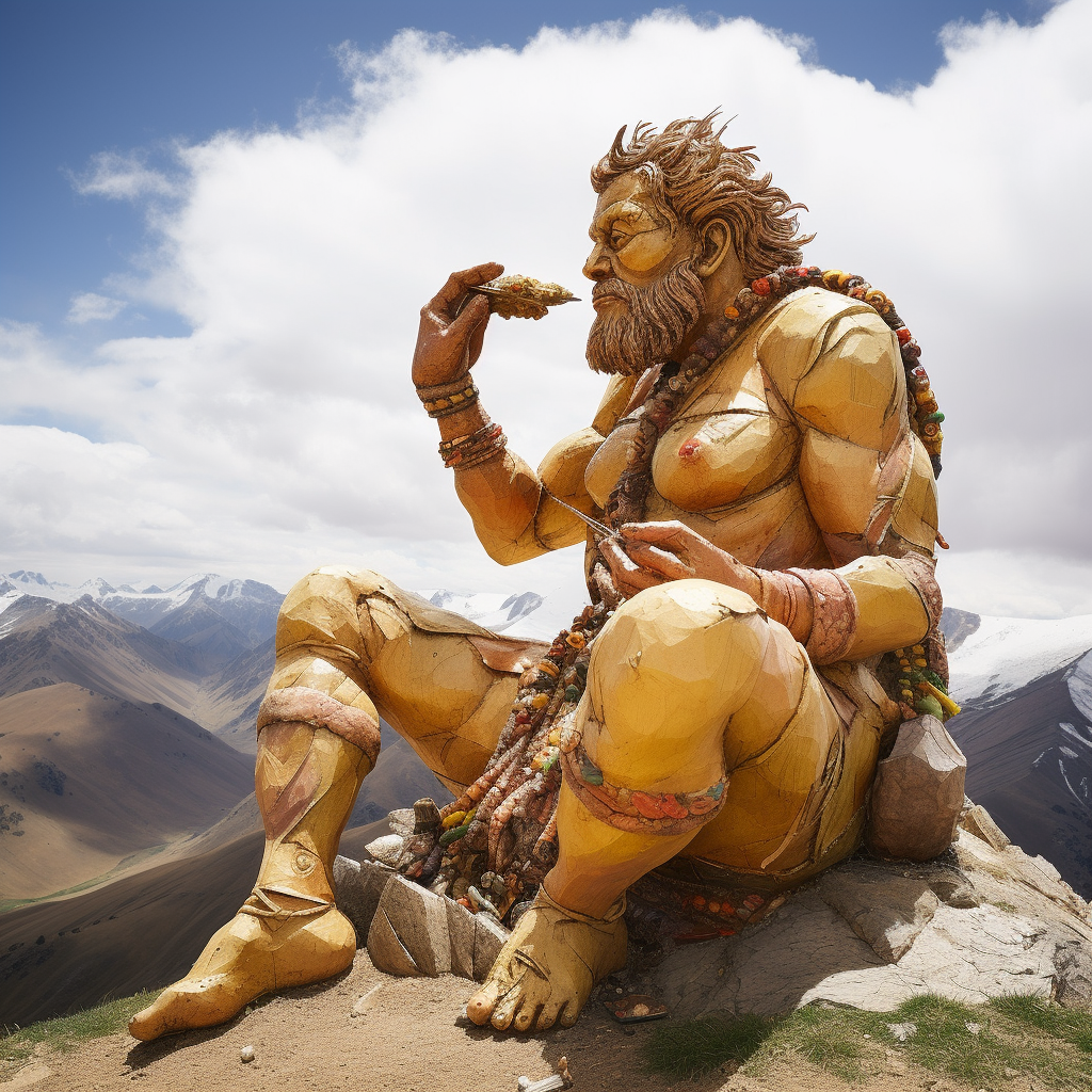 Man eating corn dog in Tibetan mountains