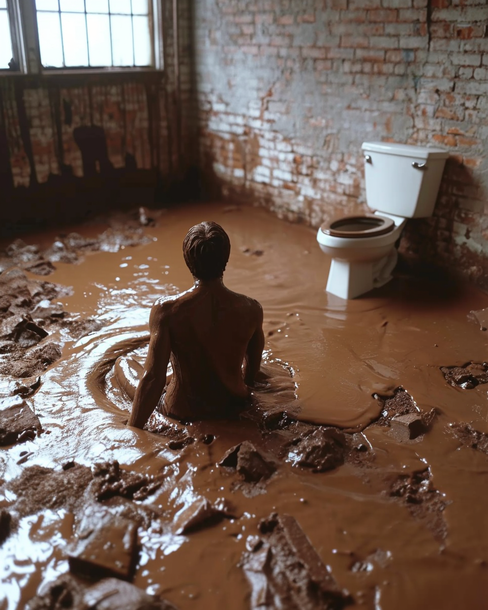 Man Escaping Melted Brown Paint Toilet