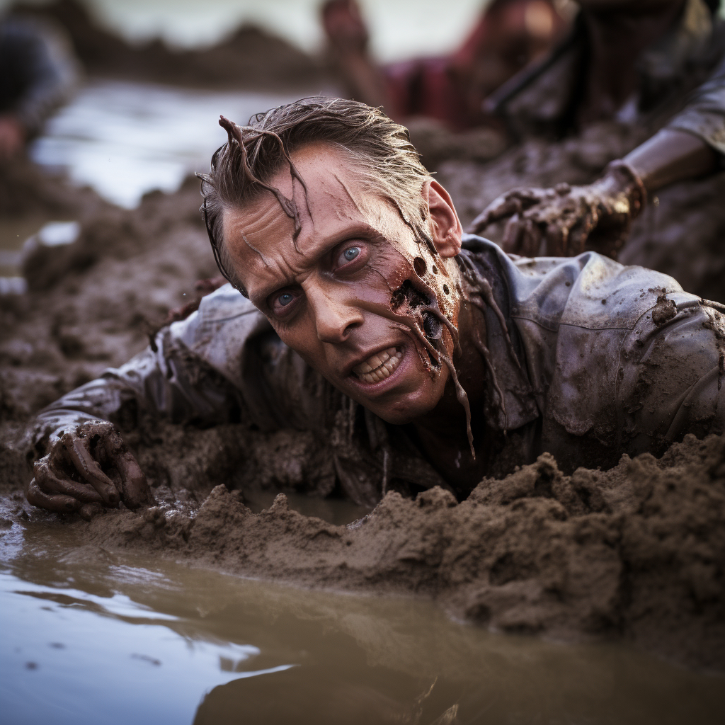 Man struggling in quicksand surrounded by zombies