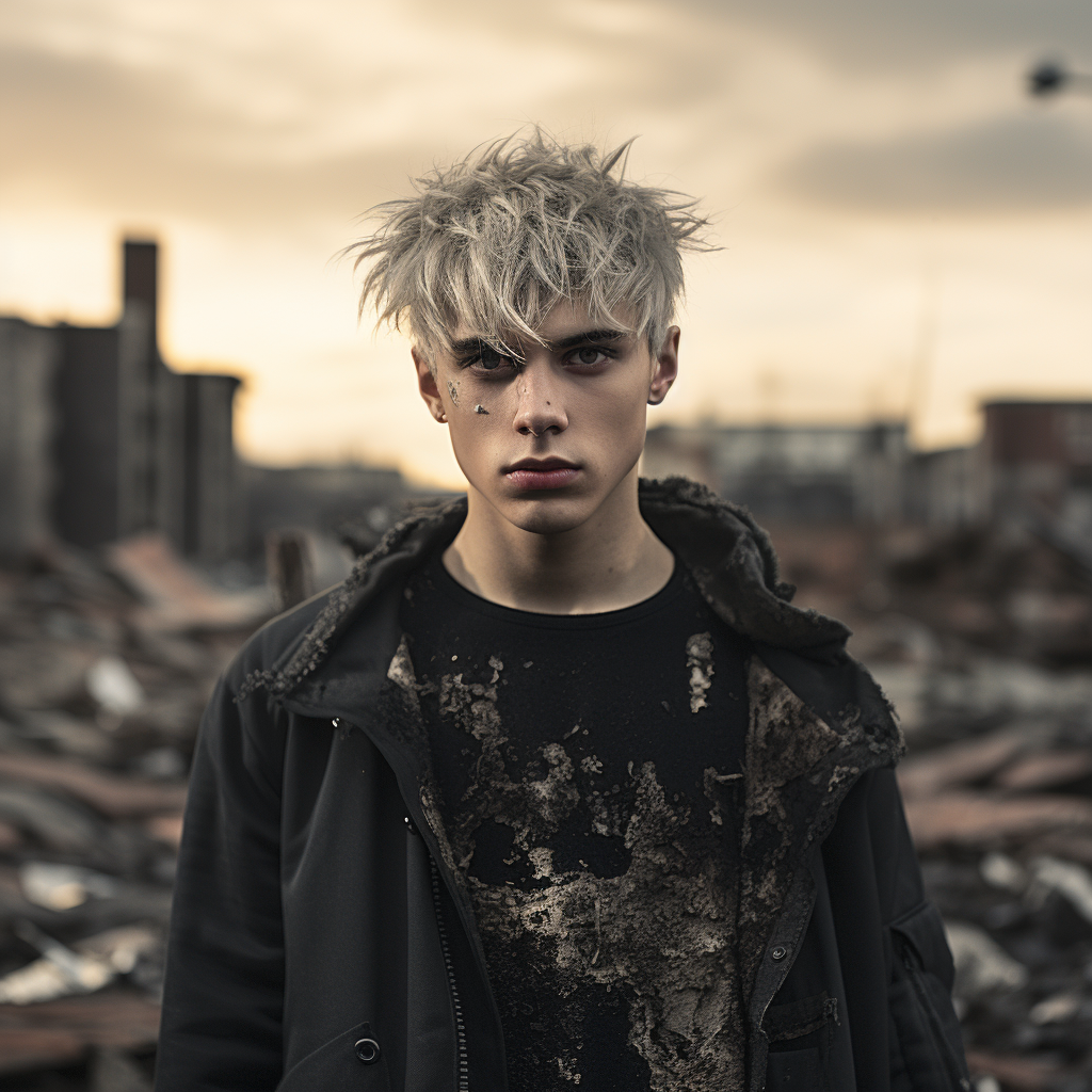 Man with Bleached Punk Hair Overlooks Postapocalyptic Landscape