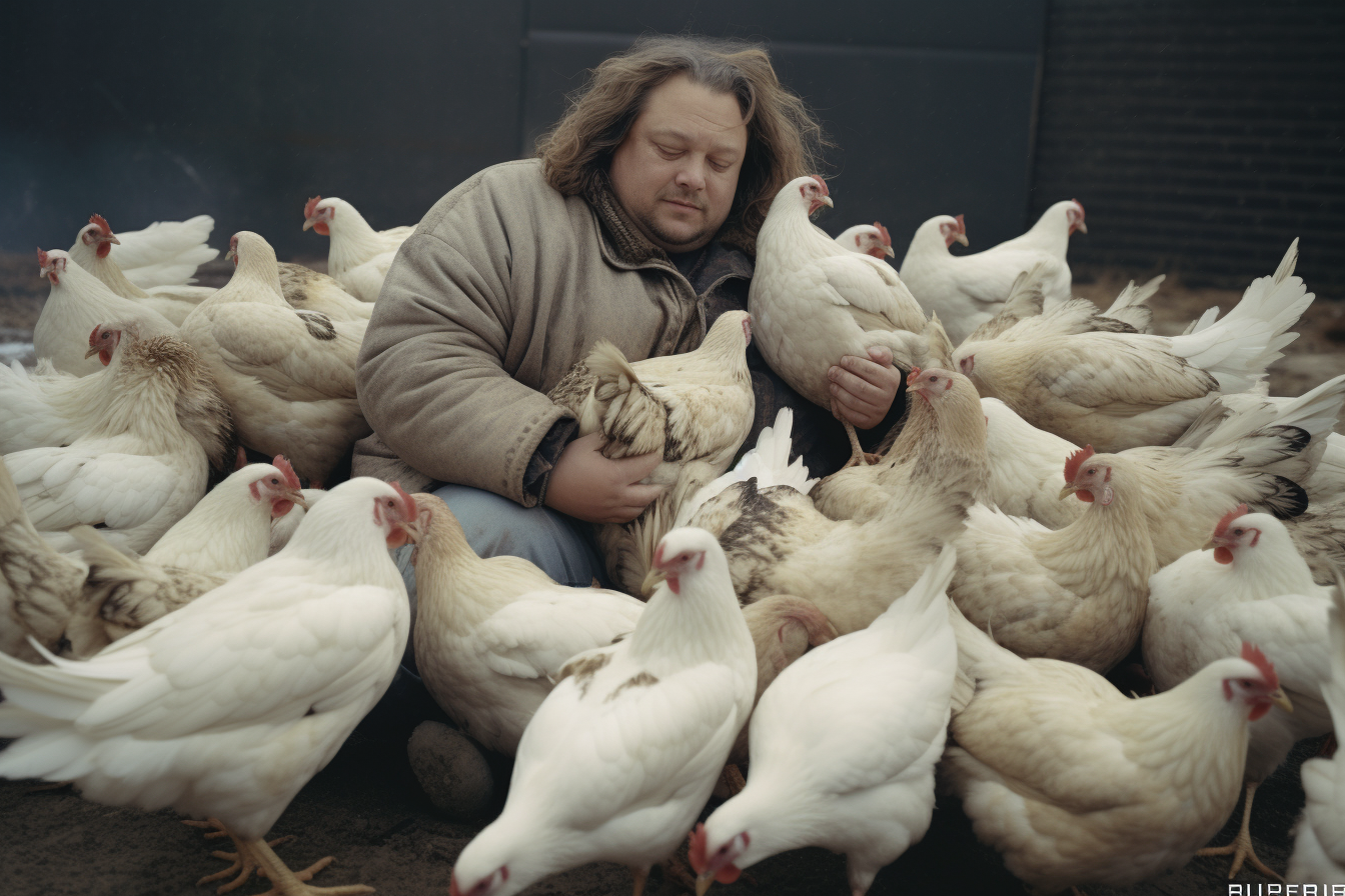 A man feeding his flock of chickens