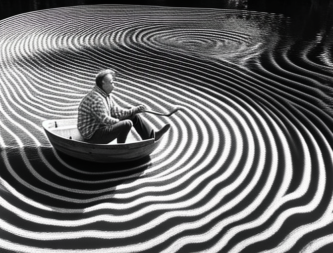 Man fishing from a canoe with strange ripples