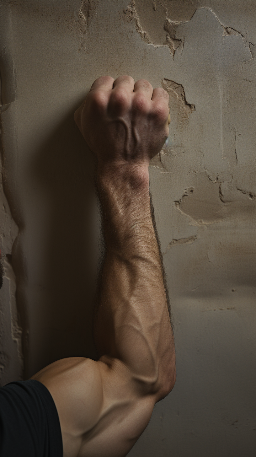 Man pressing forearm into wall