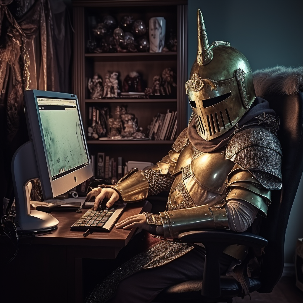 Man playing video games wearing knight helmet