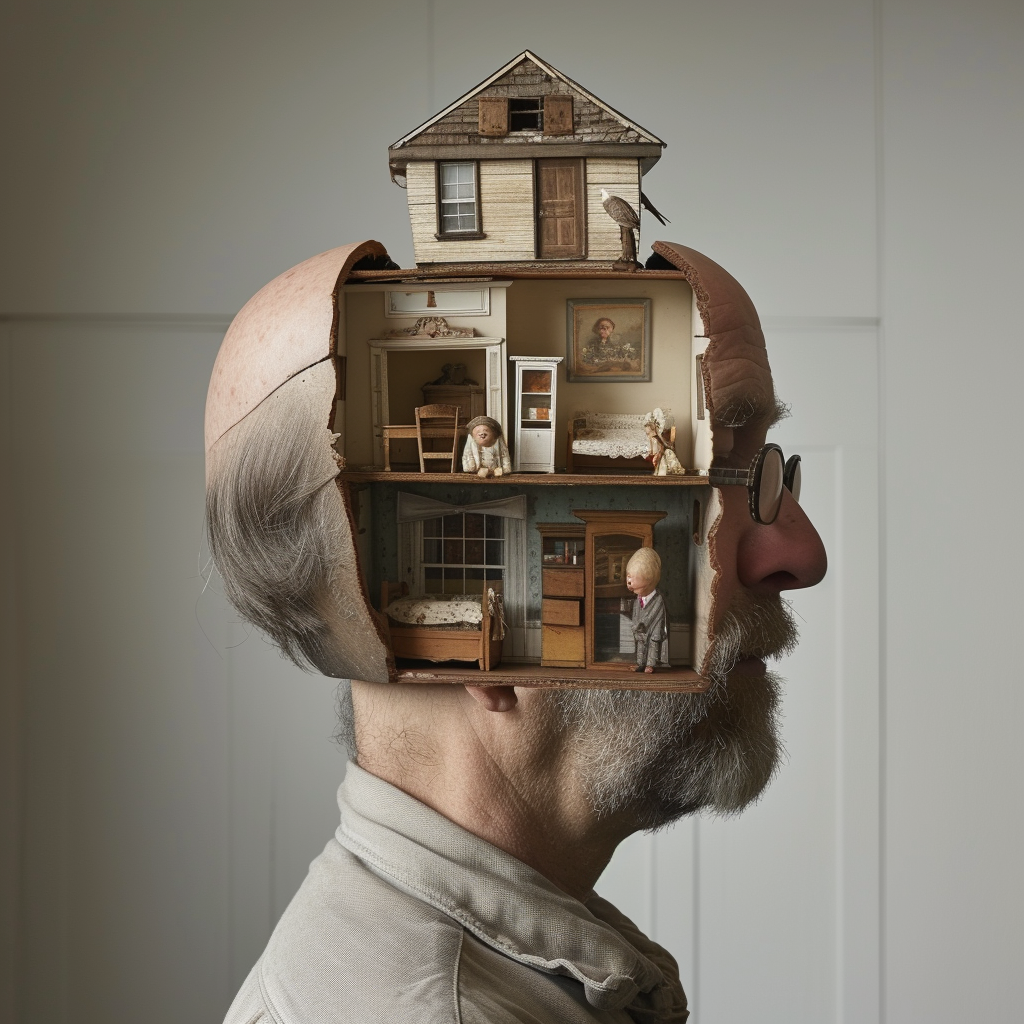 Man with Giant Head and Dollhouse