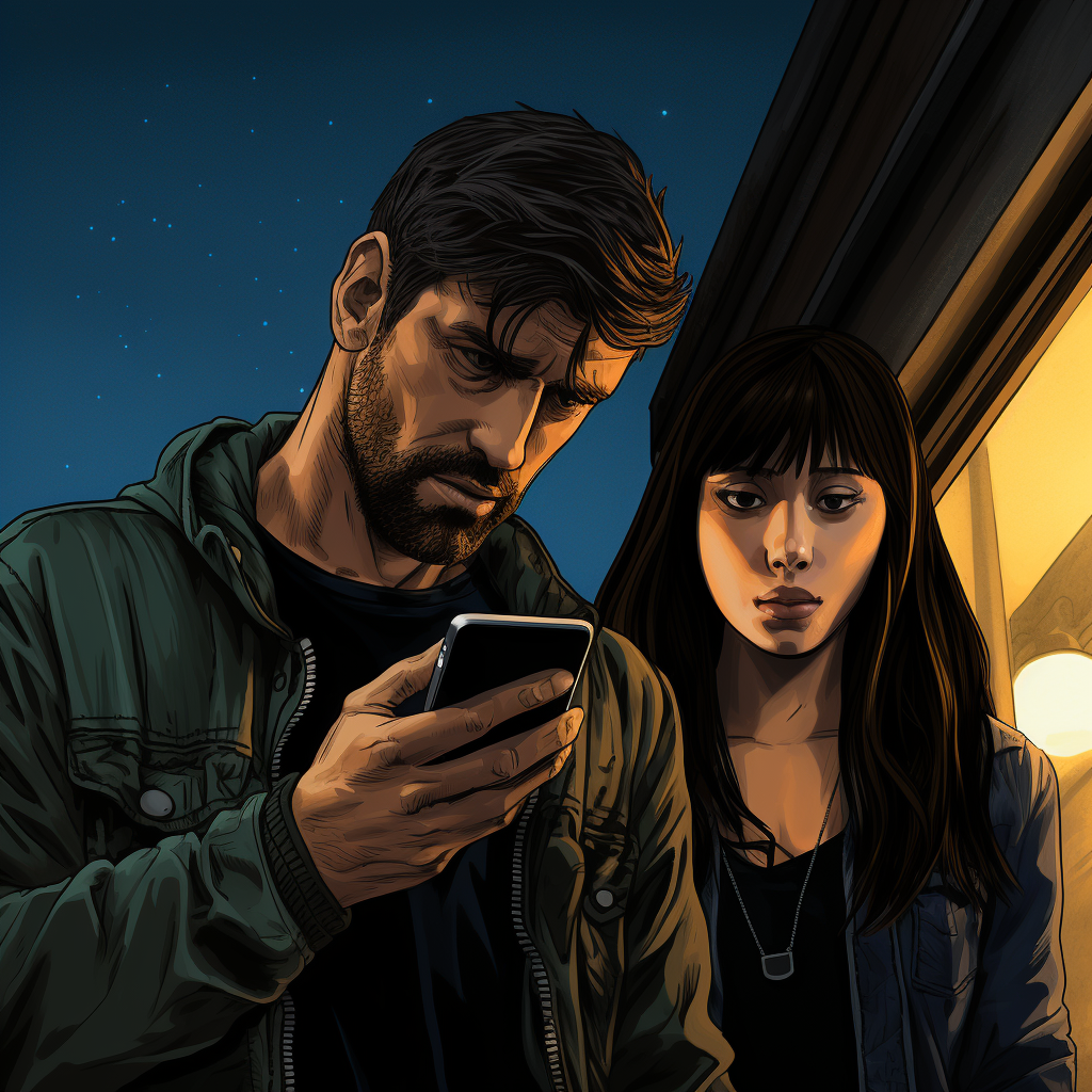 Man and girl on cell phones - comic style