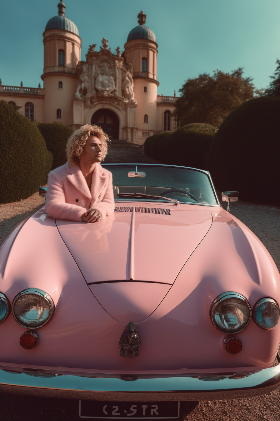 Man with Golden Hair in Convertible with Cats