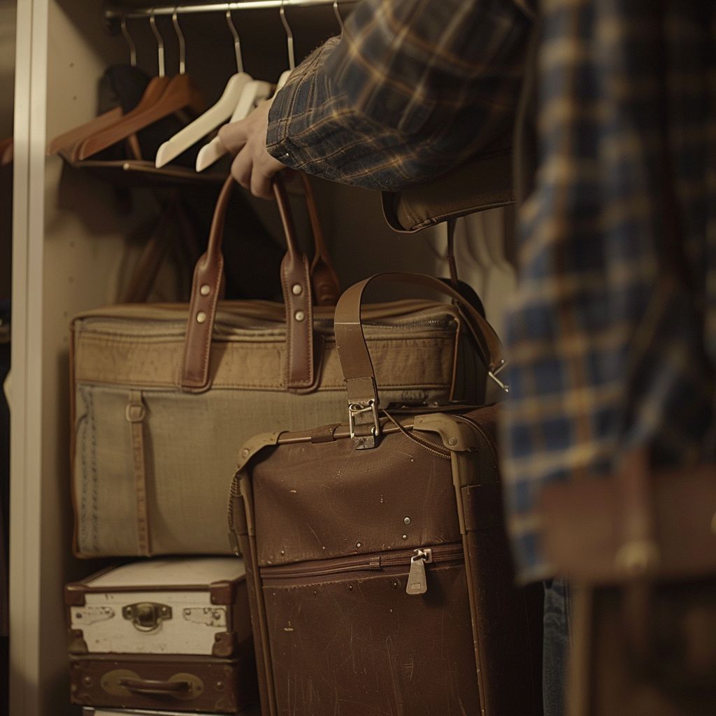 Man's hand grabbing rolling luggage