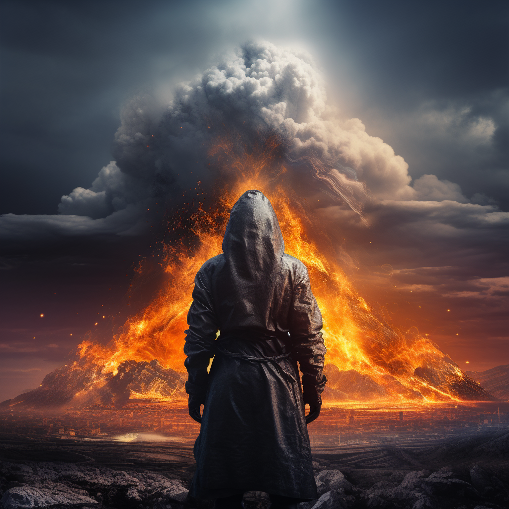 Man in Gray Karpa Jacket and Erupting Volcano