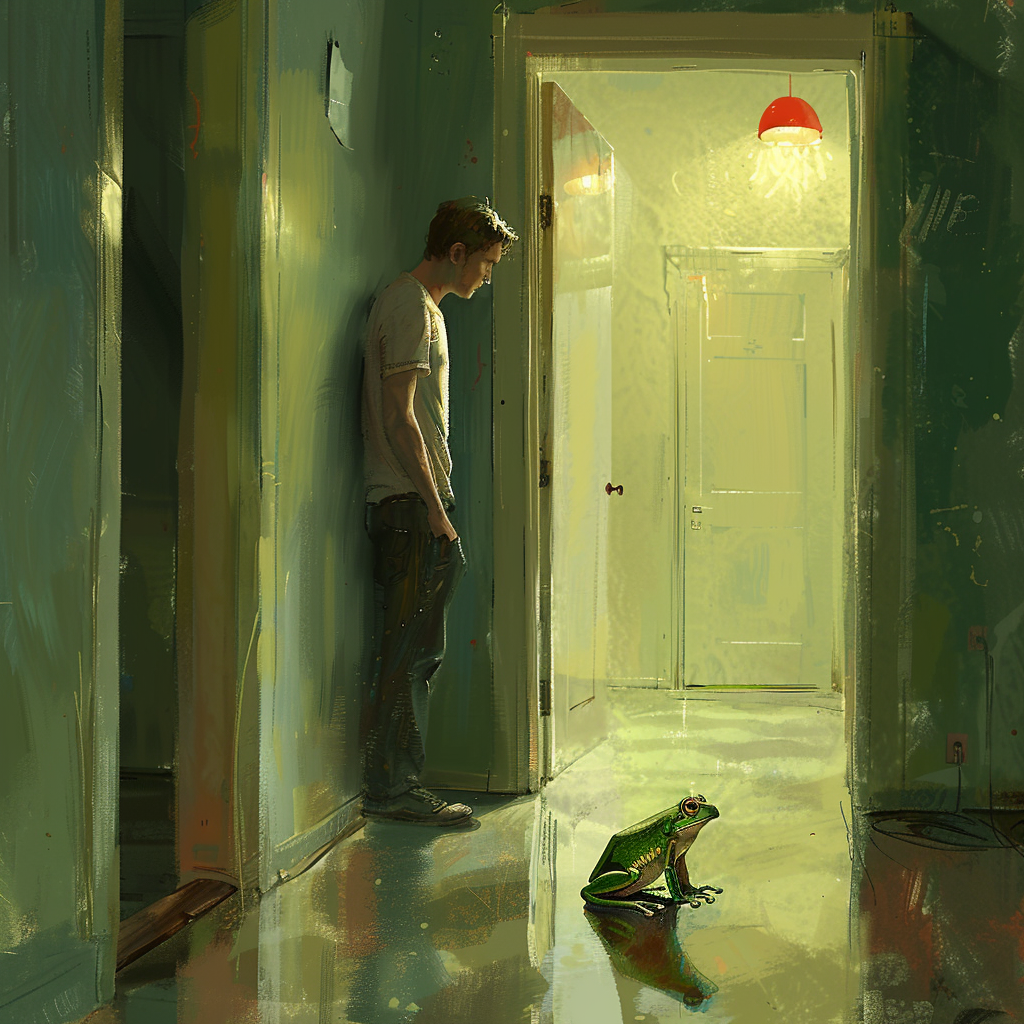 Sad man and tree frog in hallway