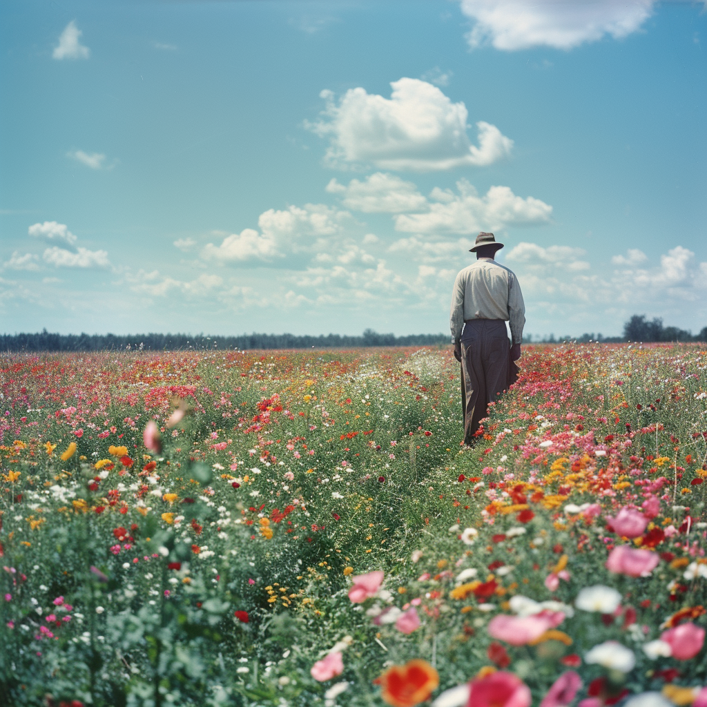 Man harvesting field flowers bacon growing