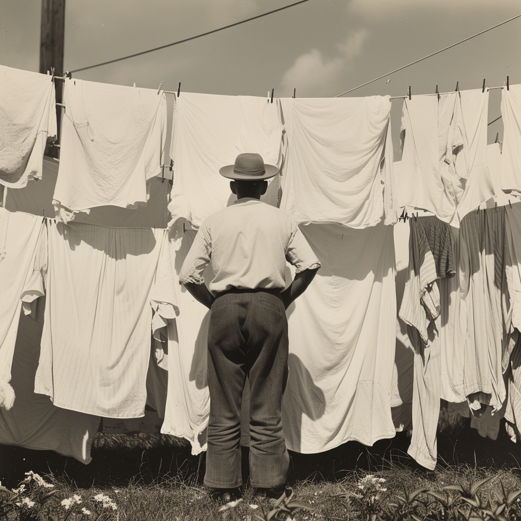 Man doing laundry with a hat