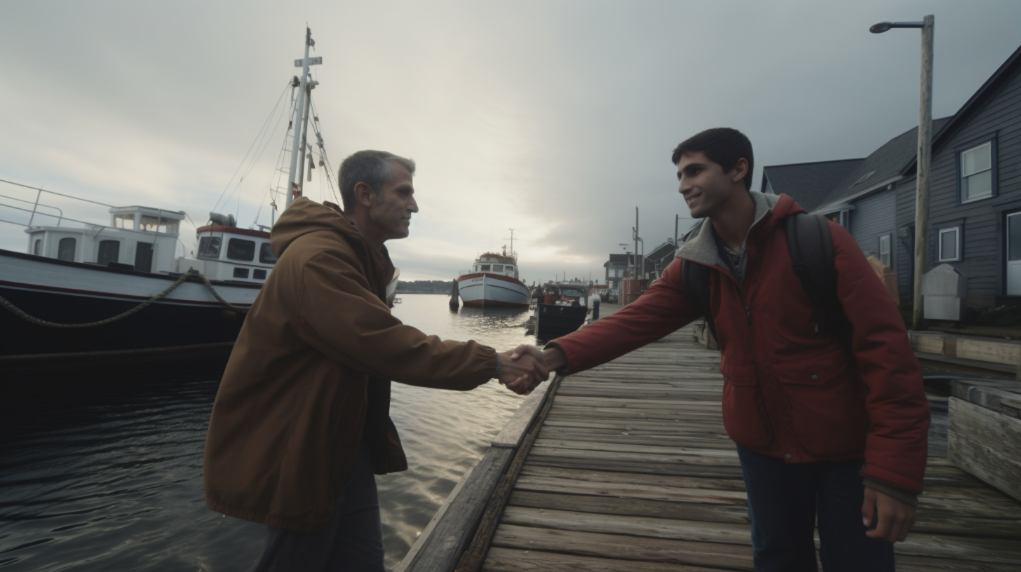 Man helping vulnerable person in ocean town