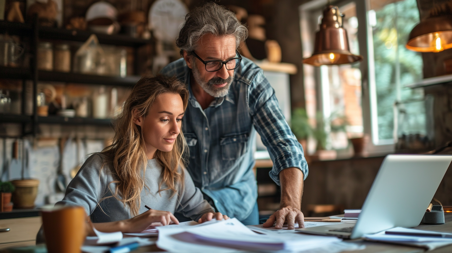 Man helping wife with QuickBooks software