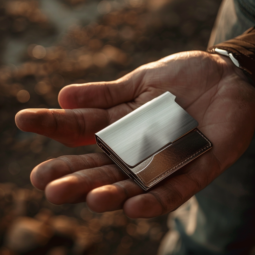 man holding aluminum wallet