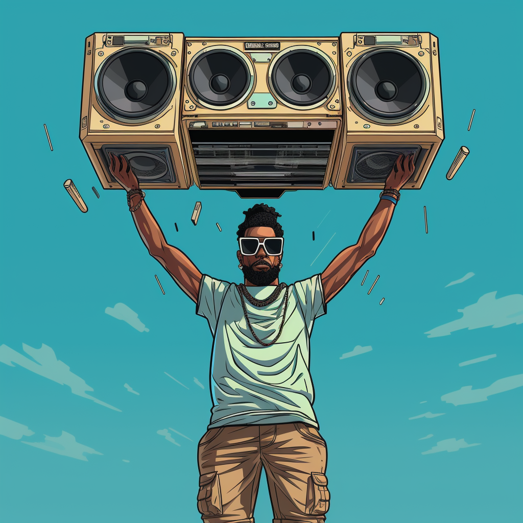 Man holding boombox over head