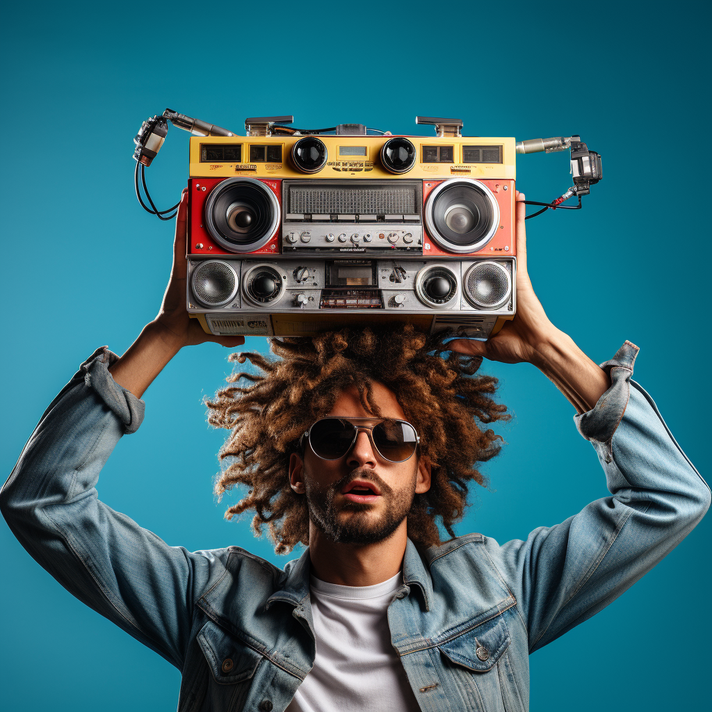 Man holding boombox over head