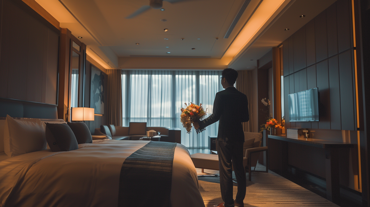 Man holding bouquet in hotel room