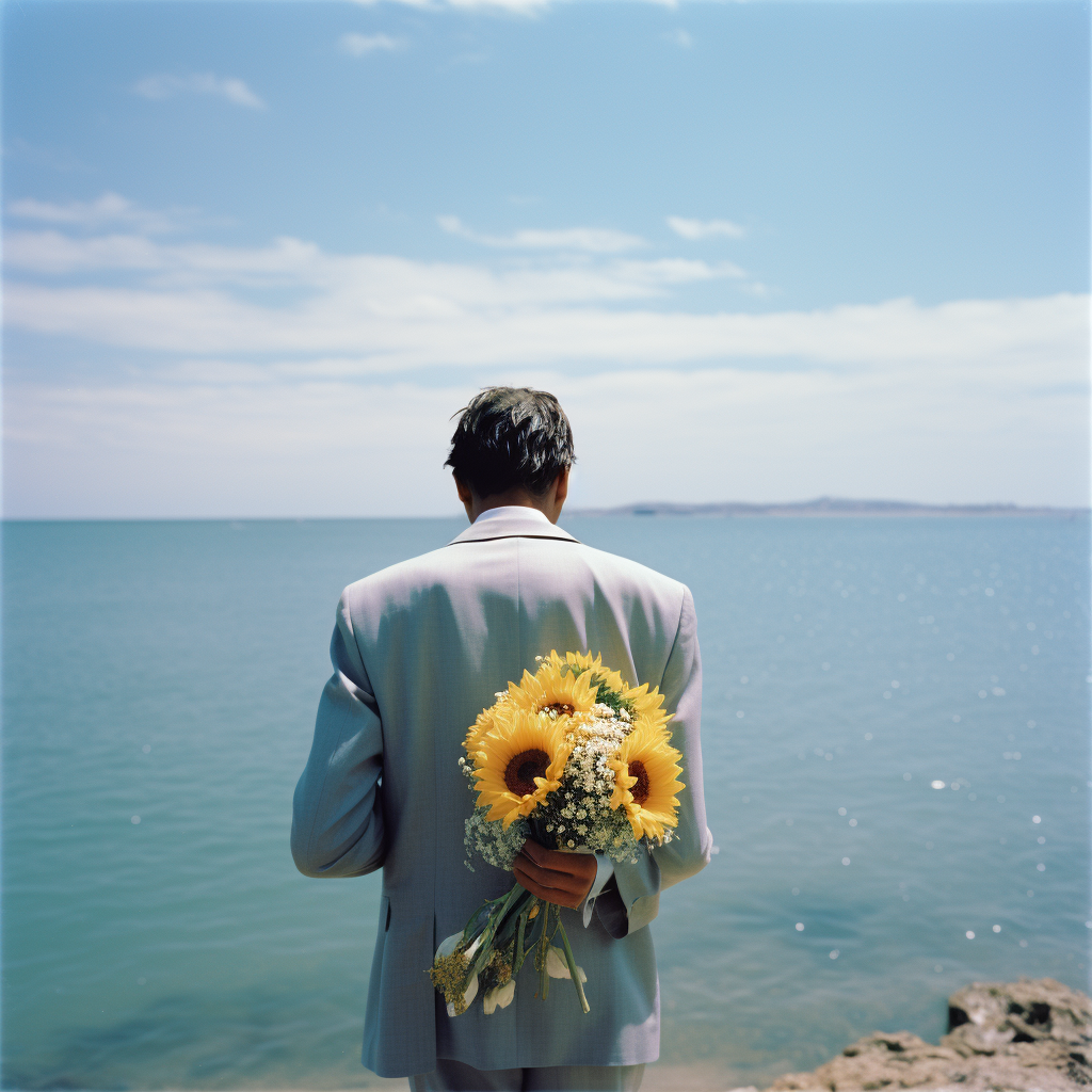 Man holding sunflowers by the sea