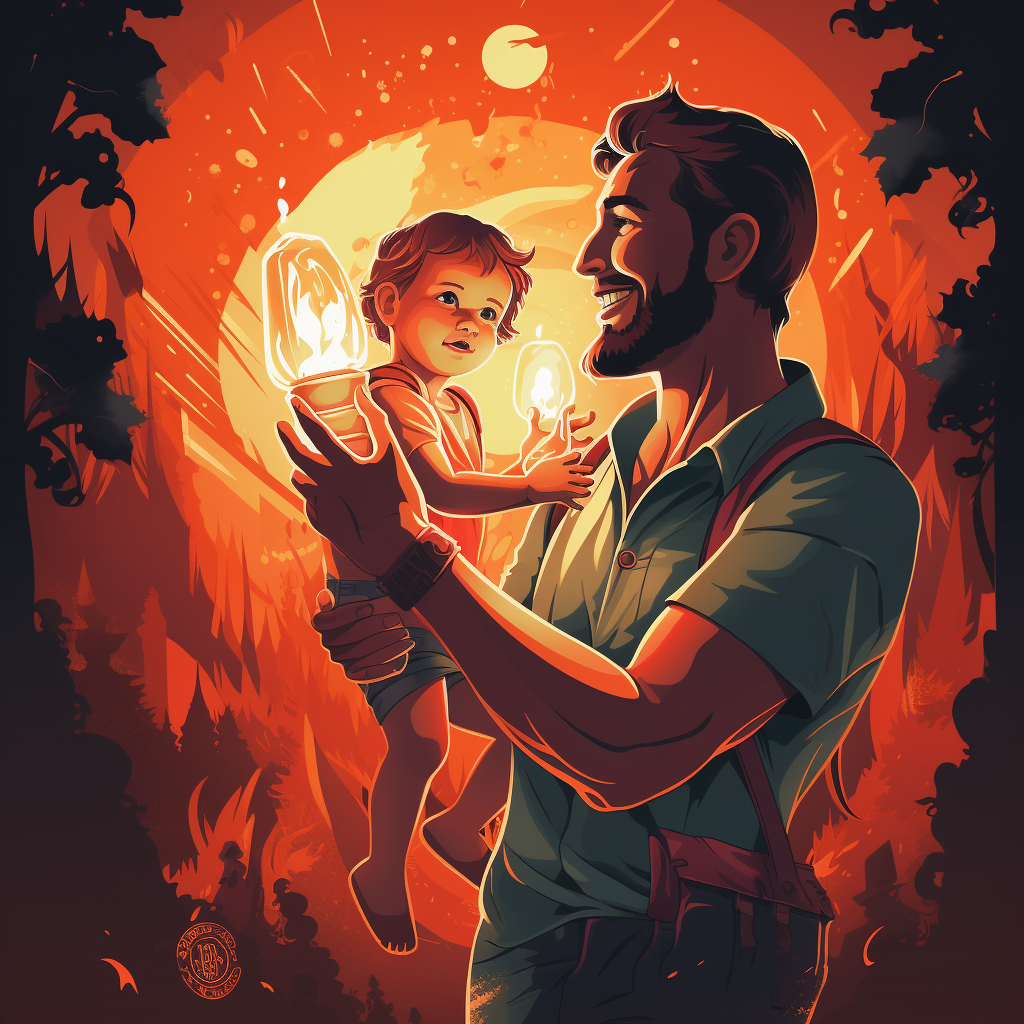 Man holding child with flame torch against bacteria