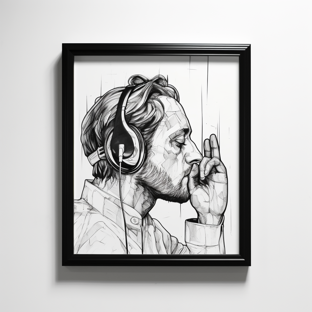 Black and white sketch of a man holding his ears