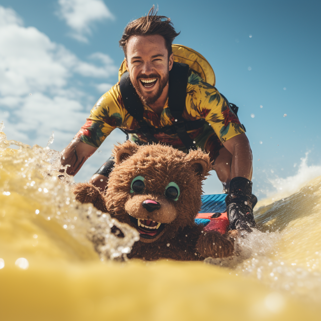 Man holding Freddy Fazbear plush while surfing