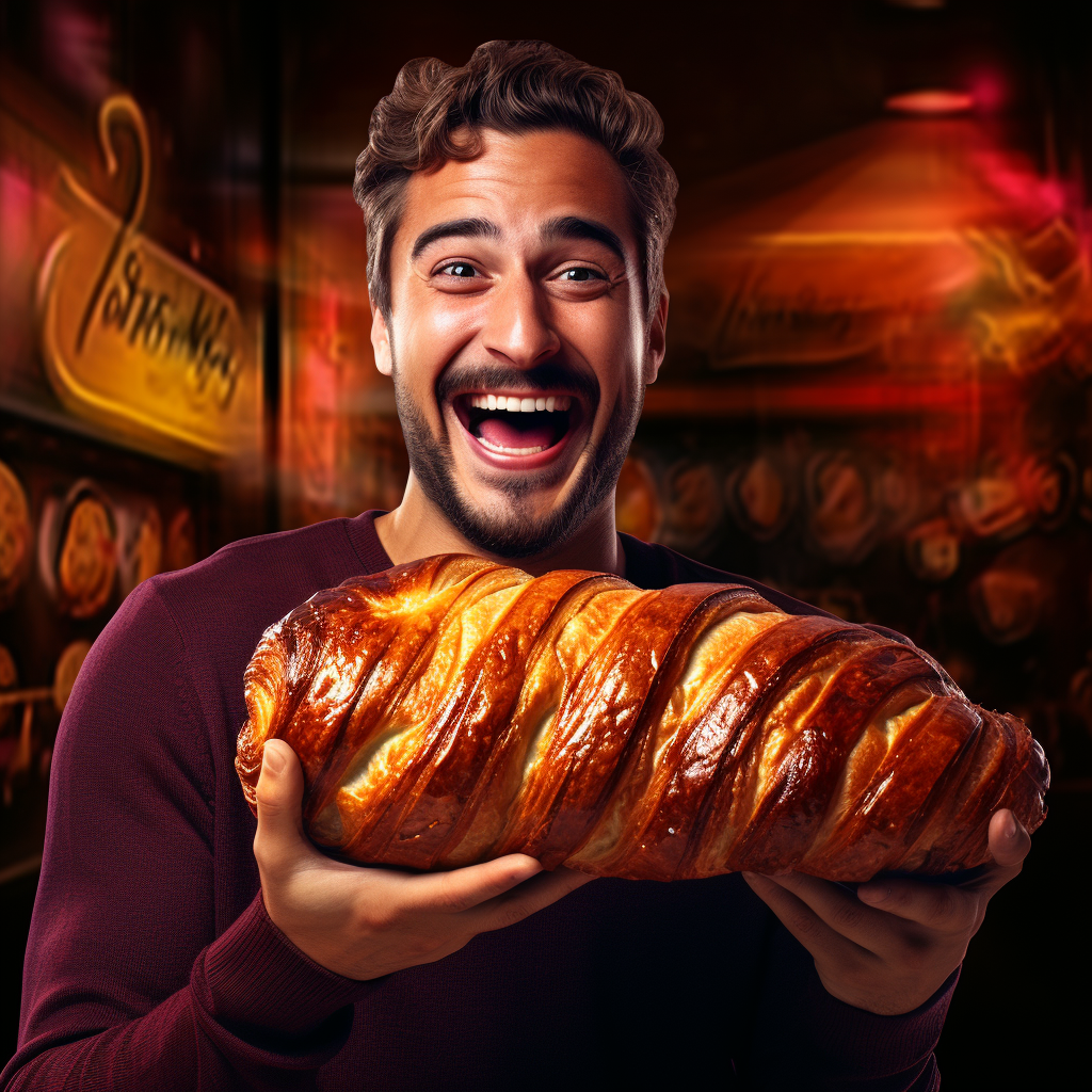 Man holding giant pain au chocolat