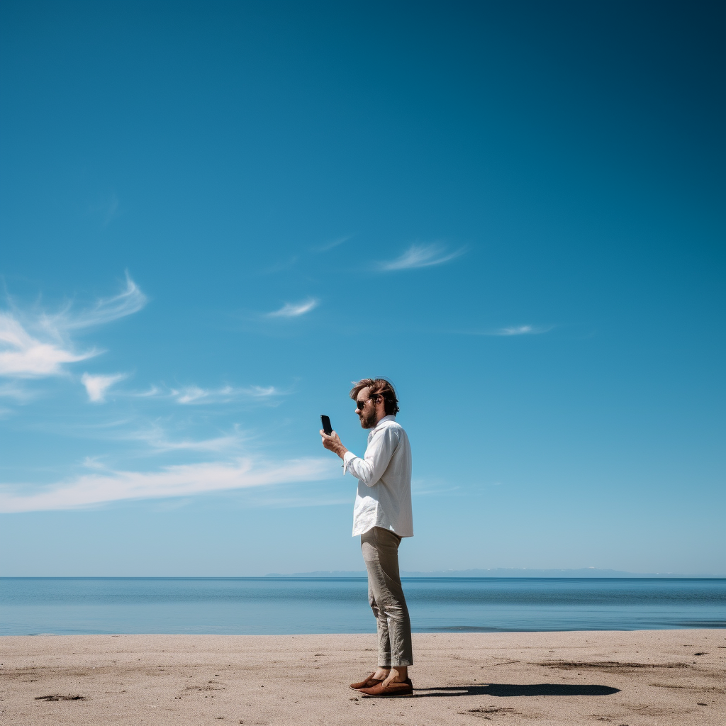 Man holding phone on beach side