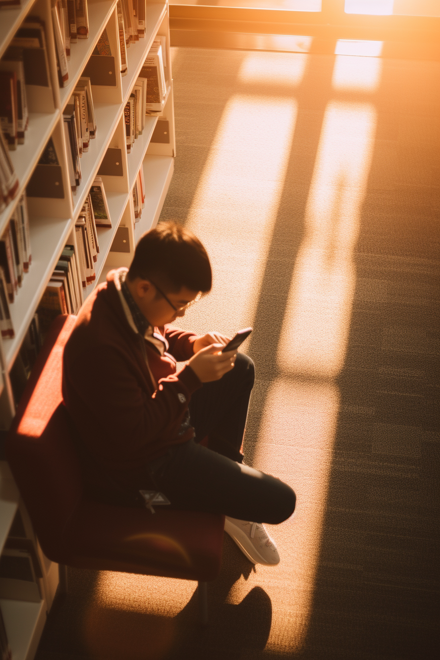 Man holding phone in library