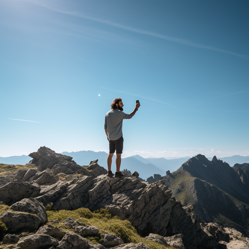 Man holding phone in mountain