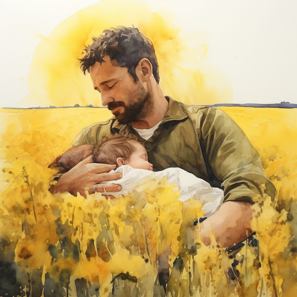 Man Holding Sleeping Baby, Yellow Field Painting