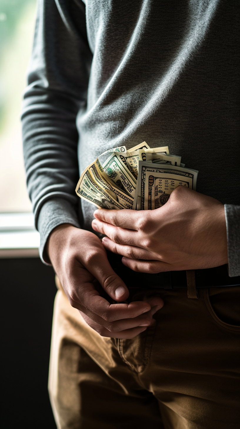 Man holding stomach with money