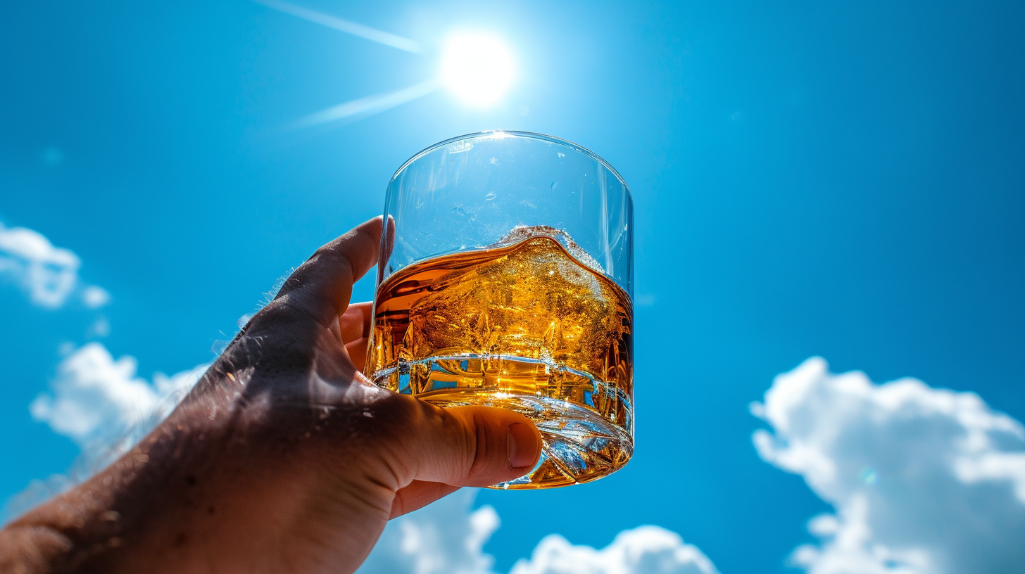 man holding whiskey glass blue sky