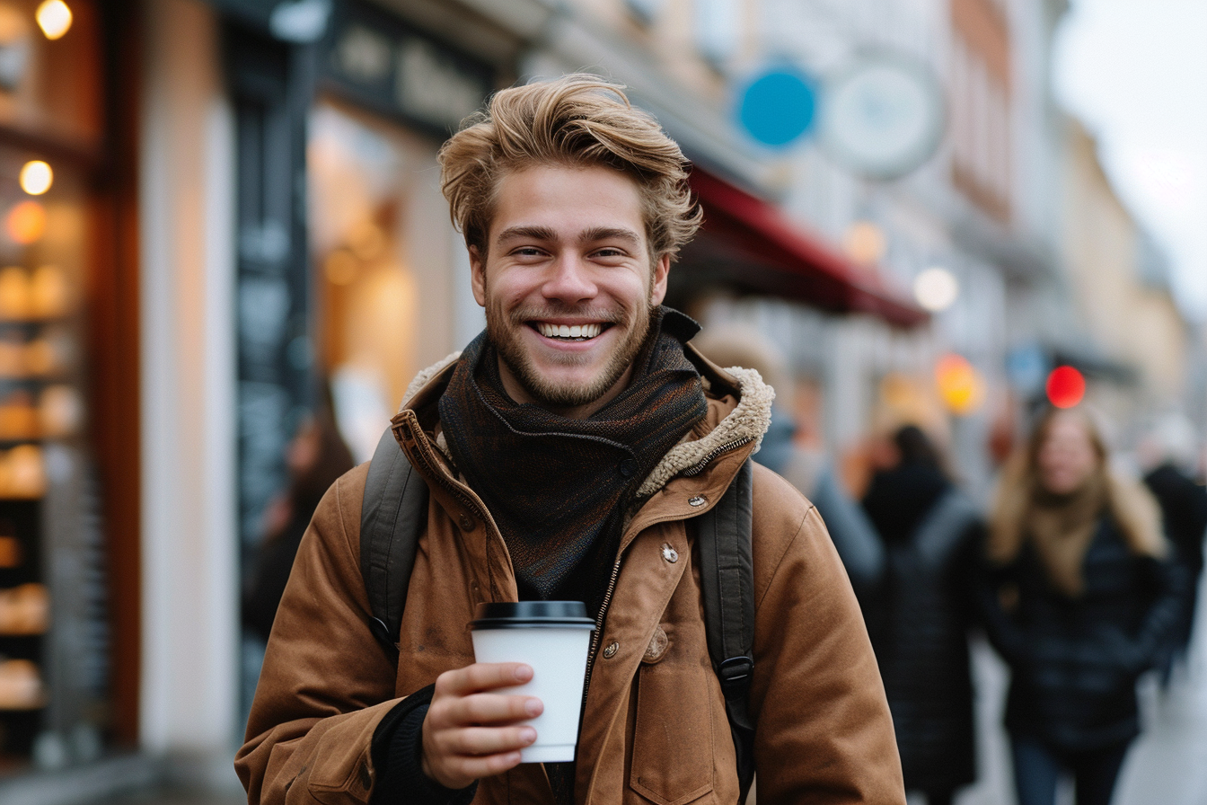 Smiling man with white coffee cup