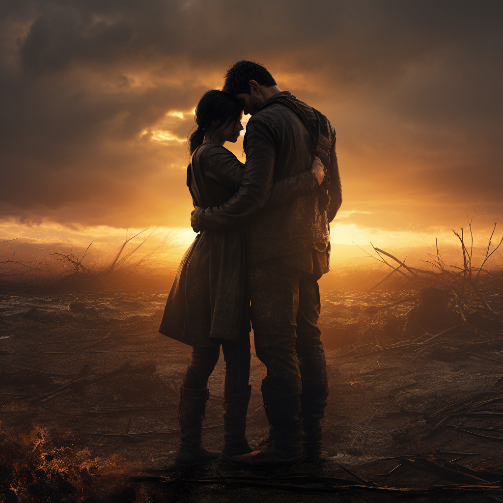 Man holding woman in barren wasteland