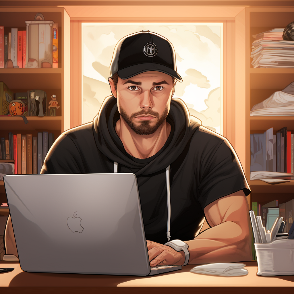 man in hoodie working at computer