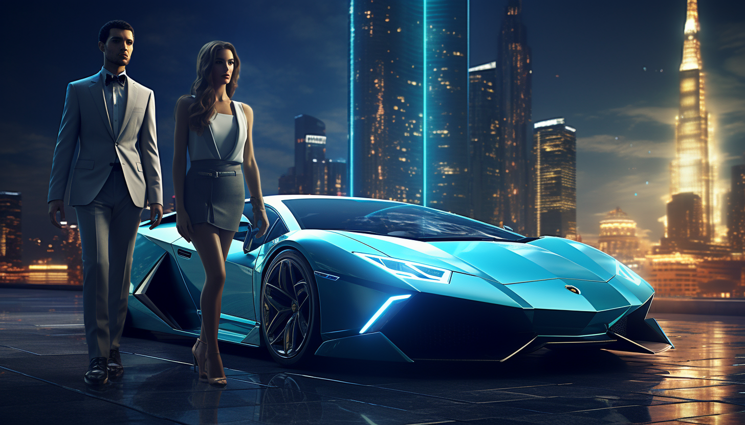 Man and Woman Posing with Lamborghini (6 words)