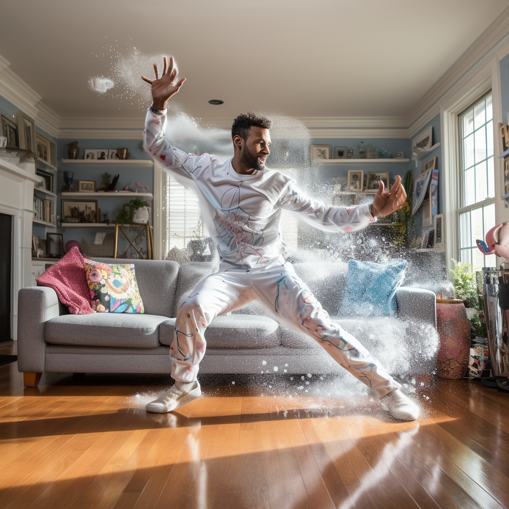 Man dancing while house cleaning