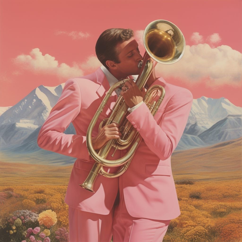 Man hugging trombone in retro 1970's style