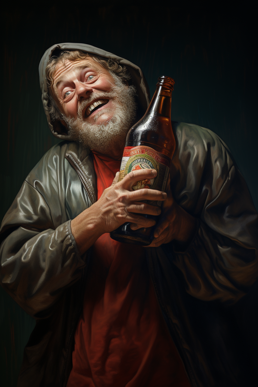 Man embracing beer bottle with joy