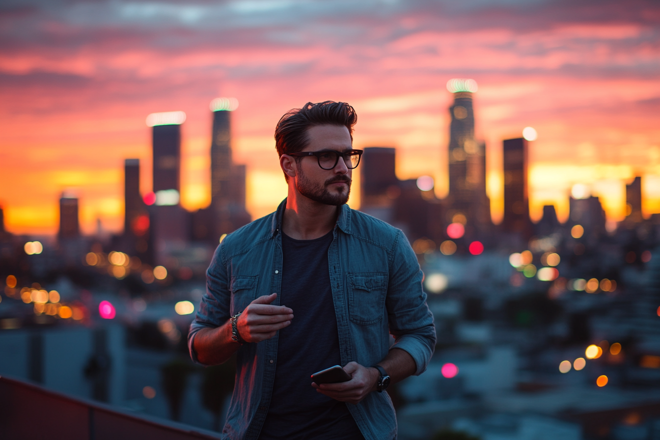 man in 30s on LA rooftop, resolute face, holding phone