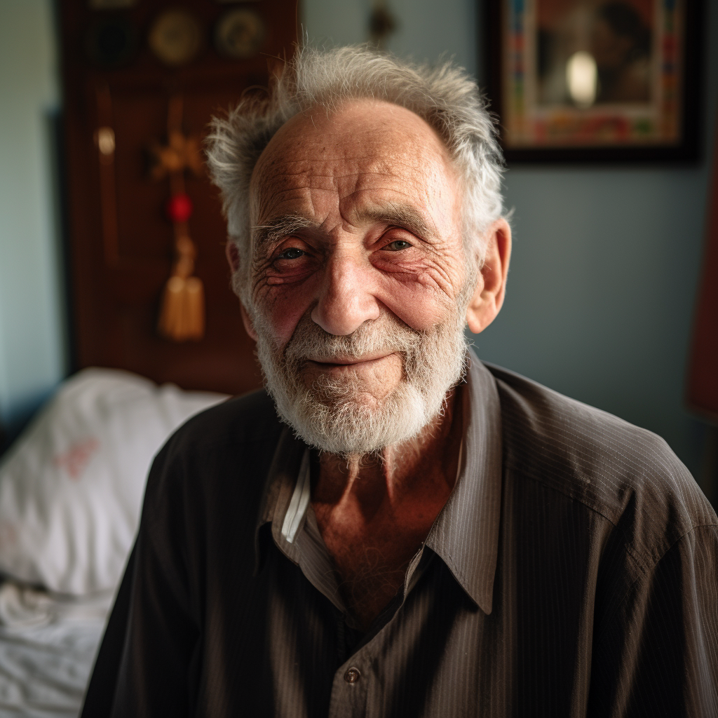 Elderly man winking in bedroom photo