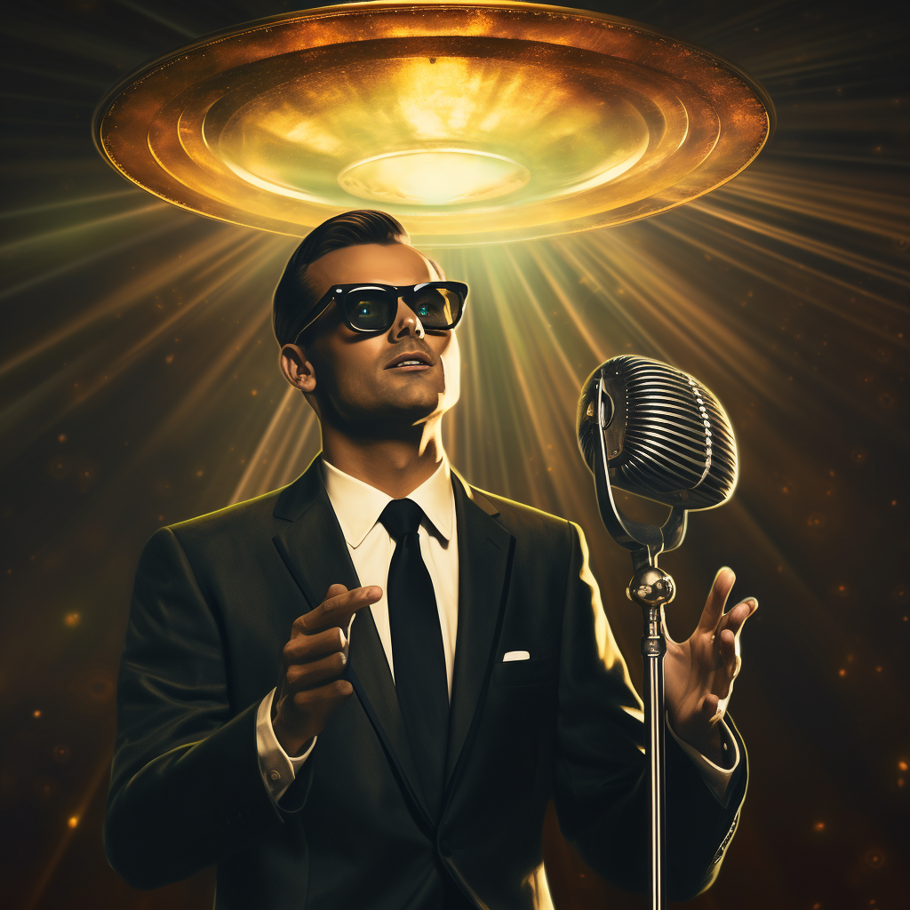 Stylish man holding golden microphone in black suit