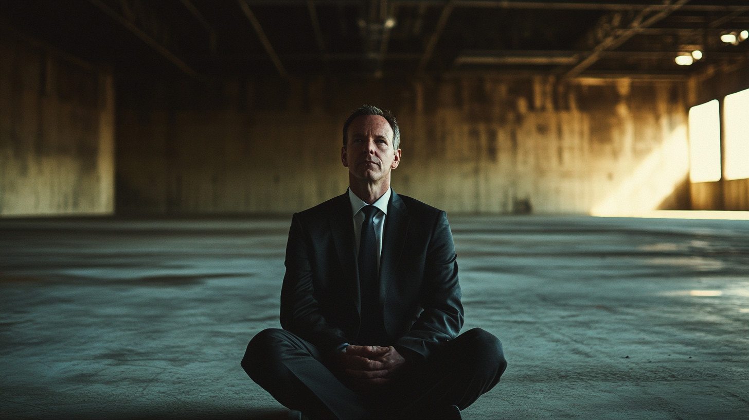 man in suit sitting in big dark hall