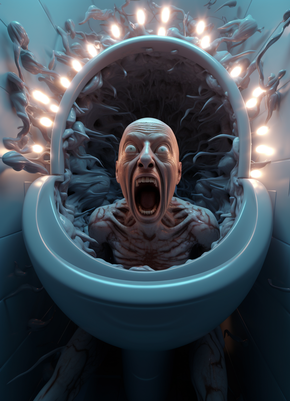 Man sitting inside a toilet bowl