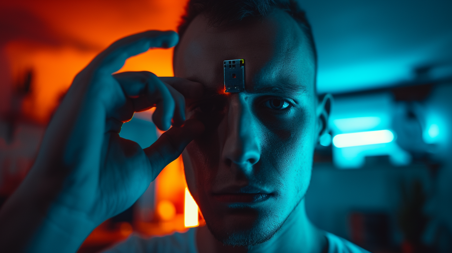 Man inserting flash drive into head