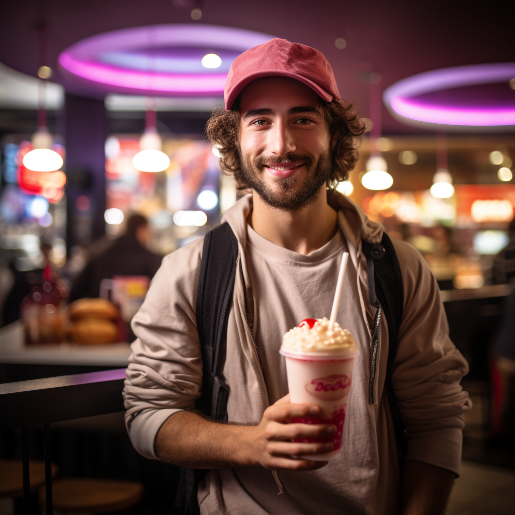 Man on ladder sipping giant milkshake in fast food restaurant