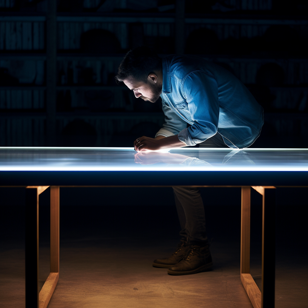 Man closely examining shiny table surface